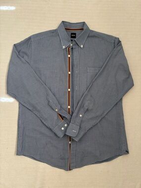 BOSS Men's Blue Button-Down Shirt with Orange Trim Slim Fit Stretch